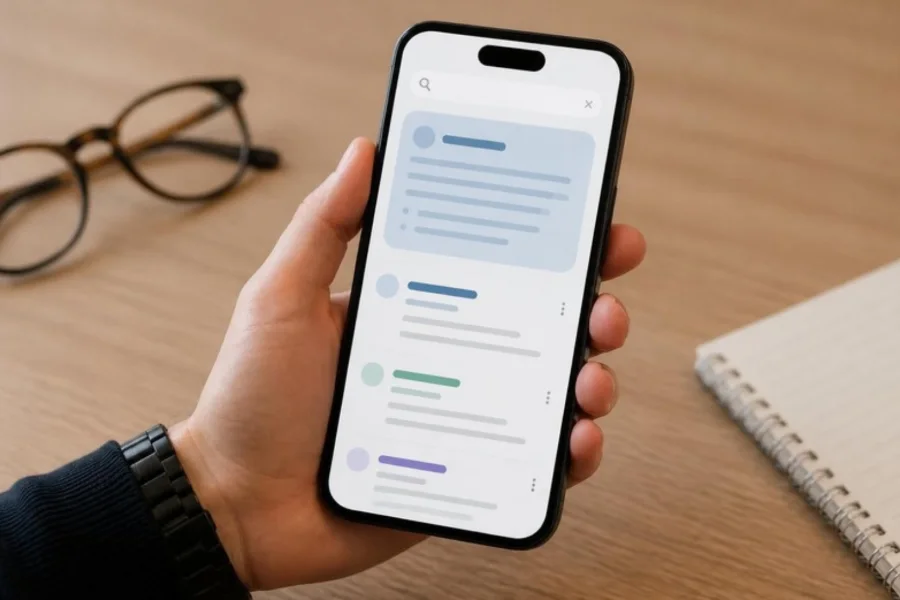 Smartphone met een AI-samenvatting in de zoekresultaten