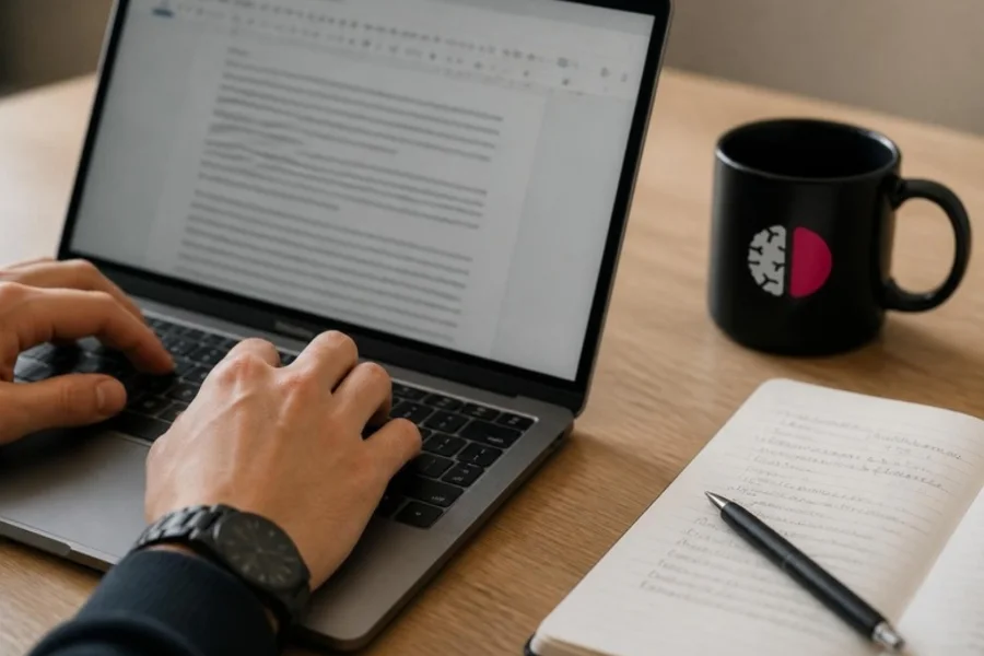 Tekstschrijver werkt aan content op een laptop