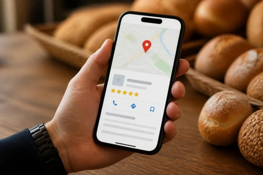 Smartphone met een Google Bedrijfsprofiel en reviews in een bakkerij