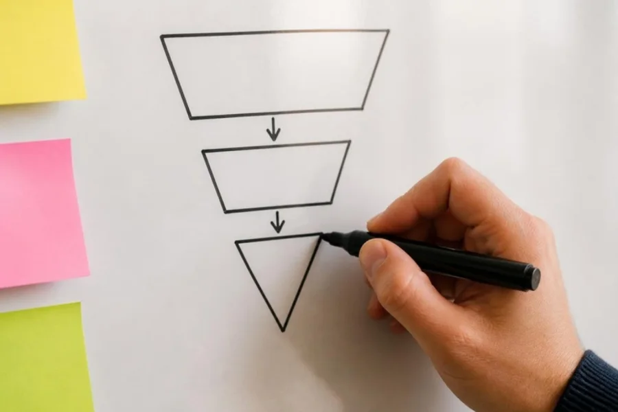 Hand tekent een marketingfunnel op een whiteboard