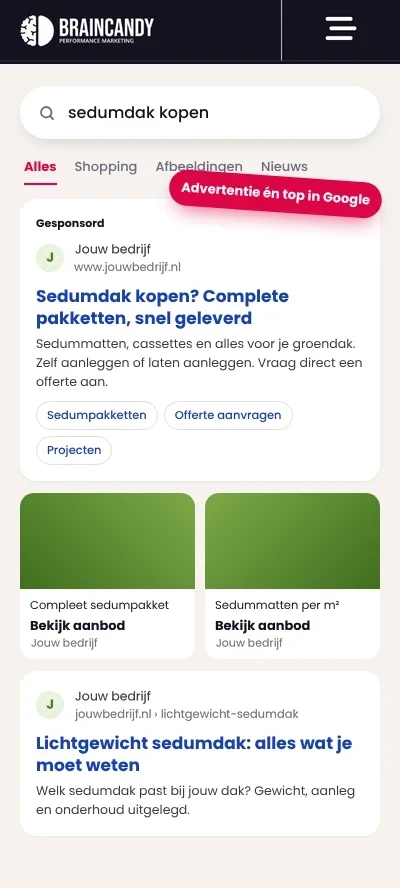 Voorbeeld: advertentie en organisch resultaat van jouw bedrijf in Google