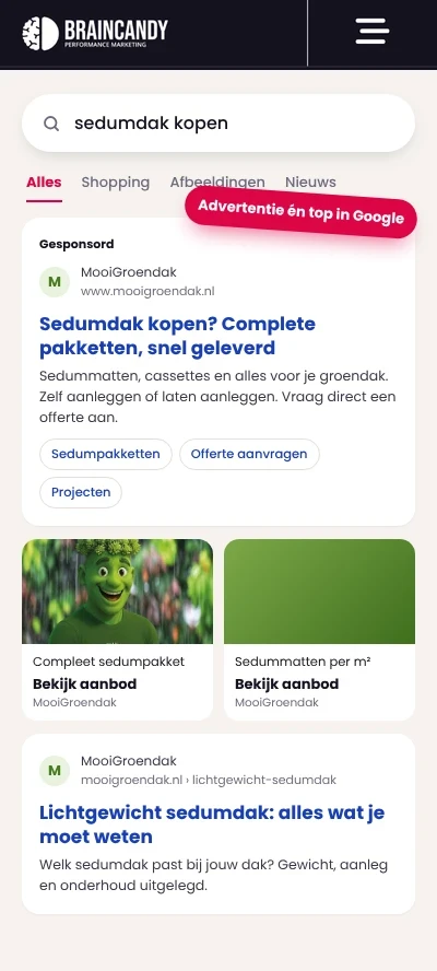 Advertentie en organisch resultaat van MooiGroendak in Google