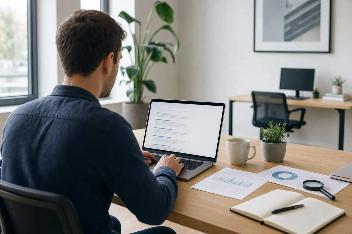 SEO-specialist bekijkt zoekresultaten via ai overview op kantoor