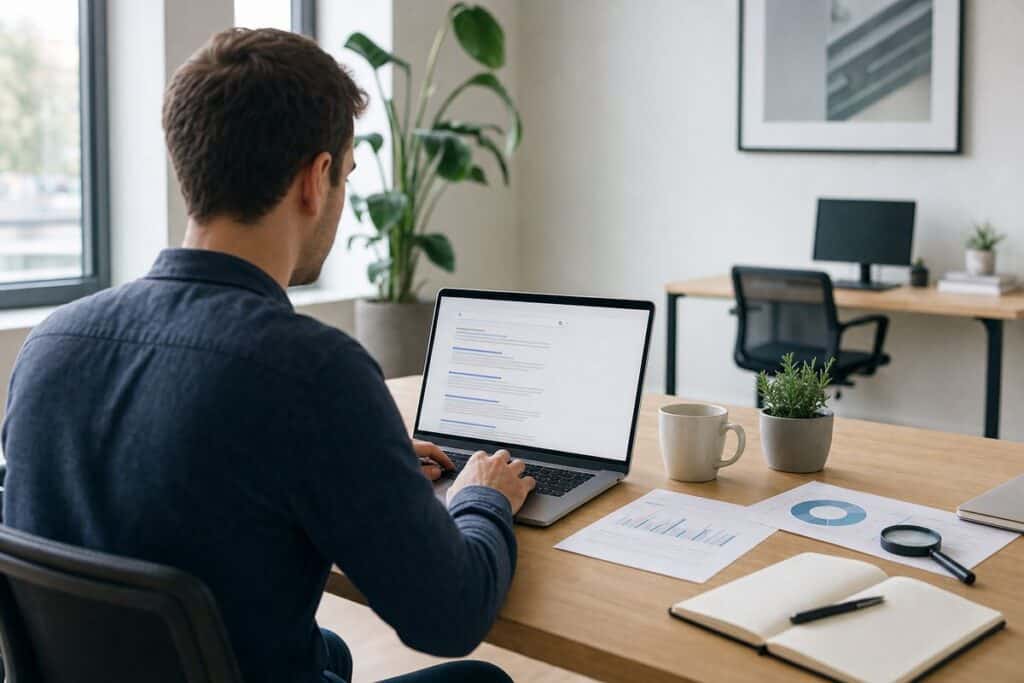 SEO-specialist bekijkt zoekresultaten via ai overview op kantoor